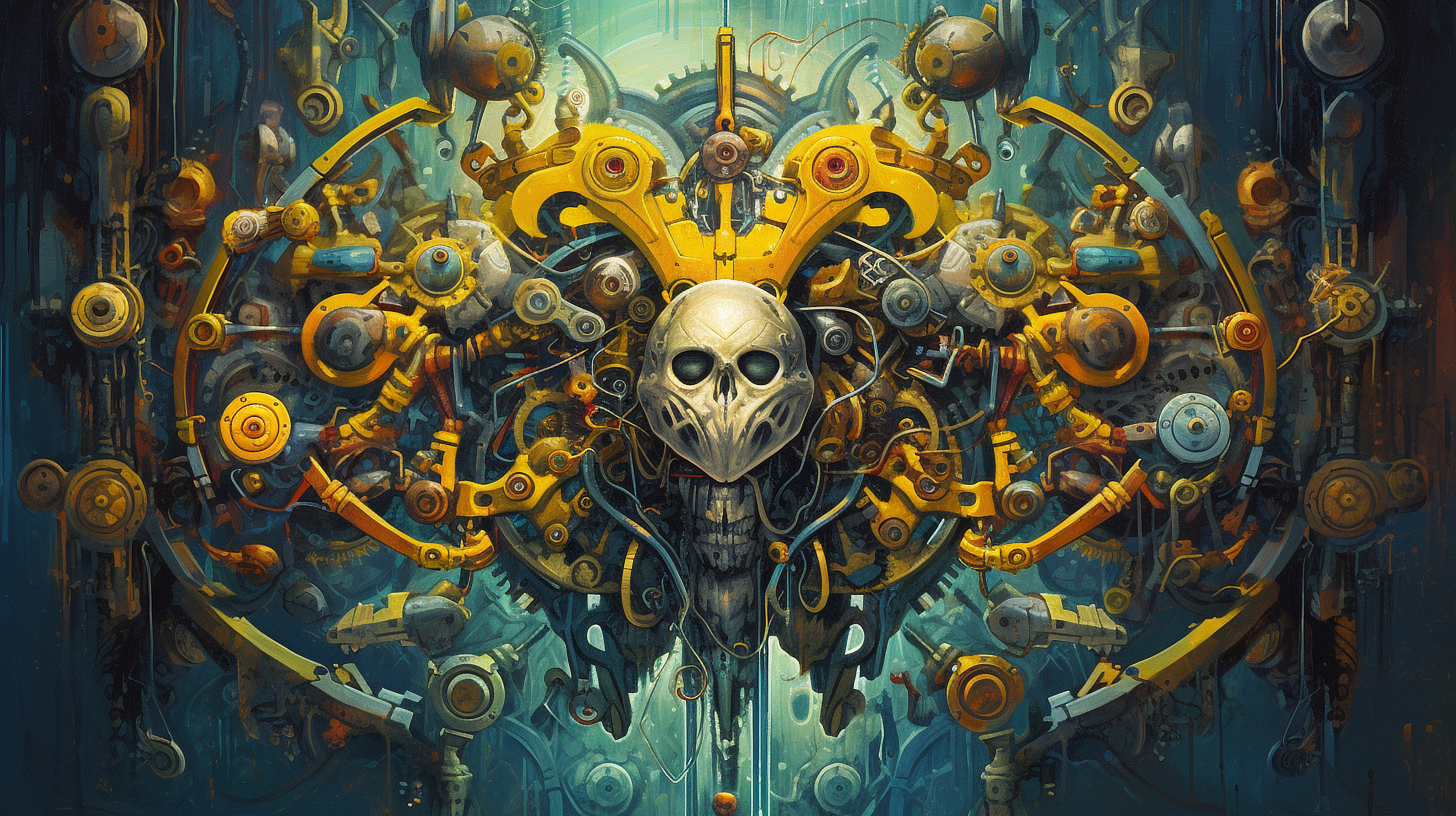 a skull with a large yellow and yellow metal structure