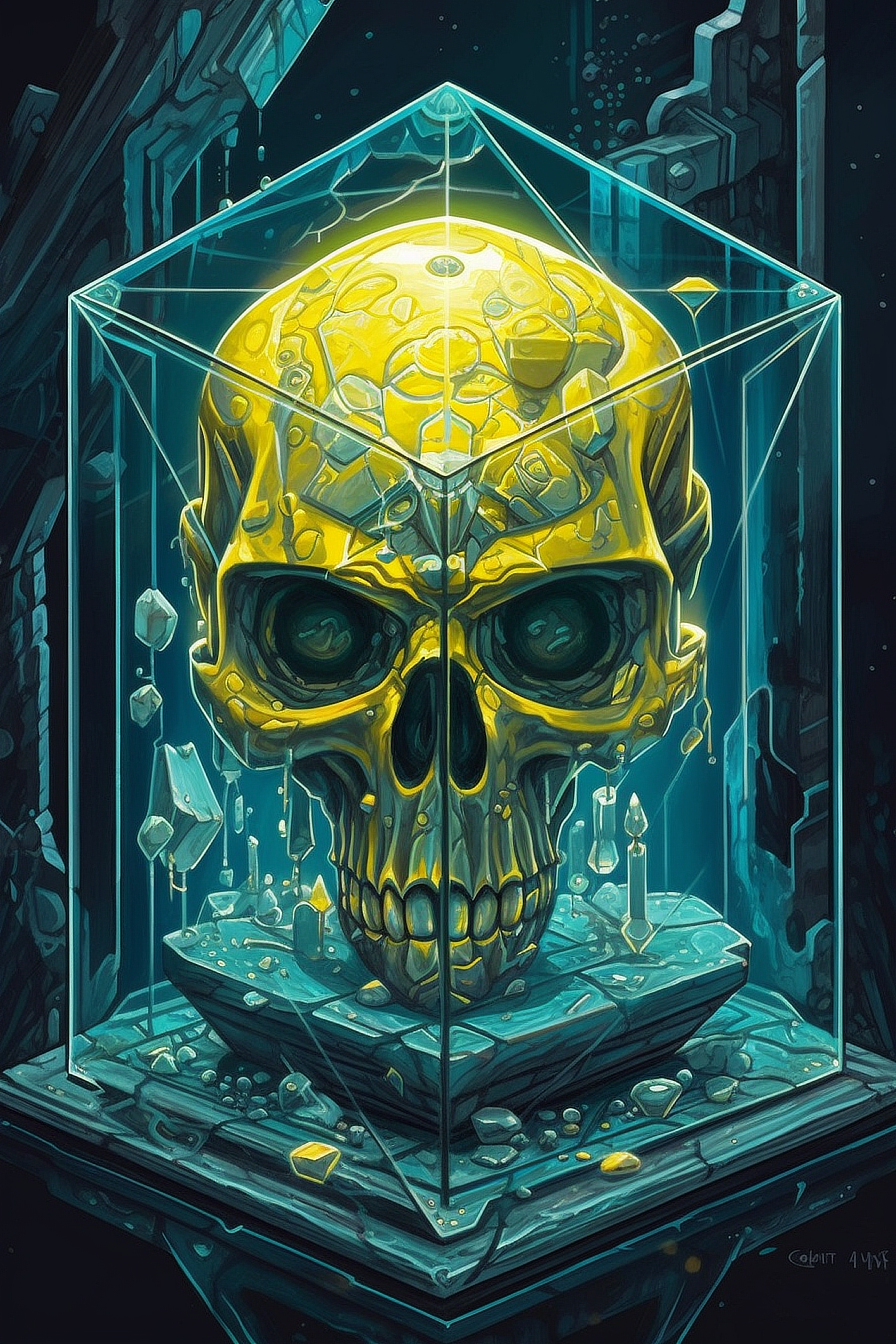 a skull in a glass case