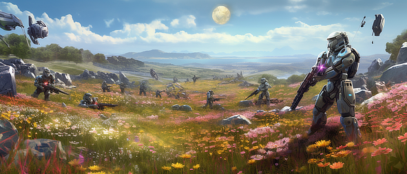 a group of people in a field of flowers