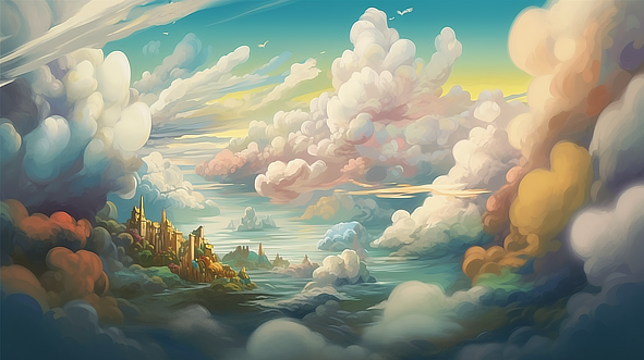 a colorful clouds and a city