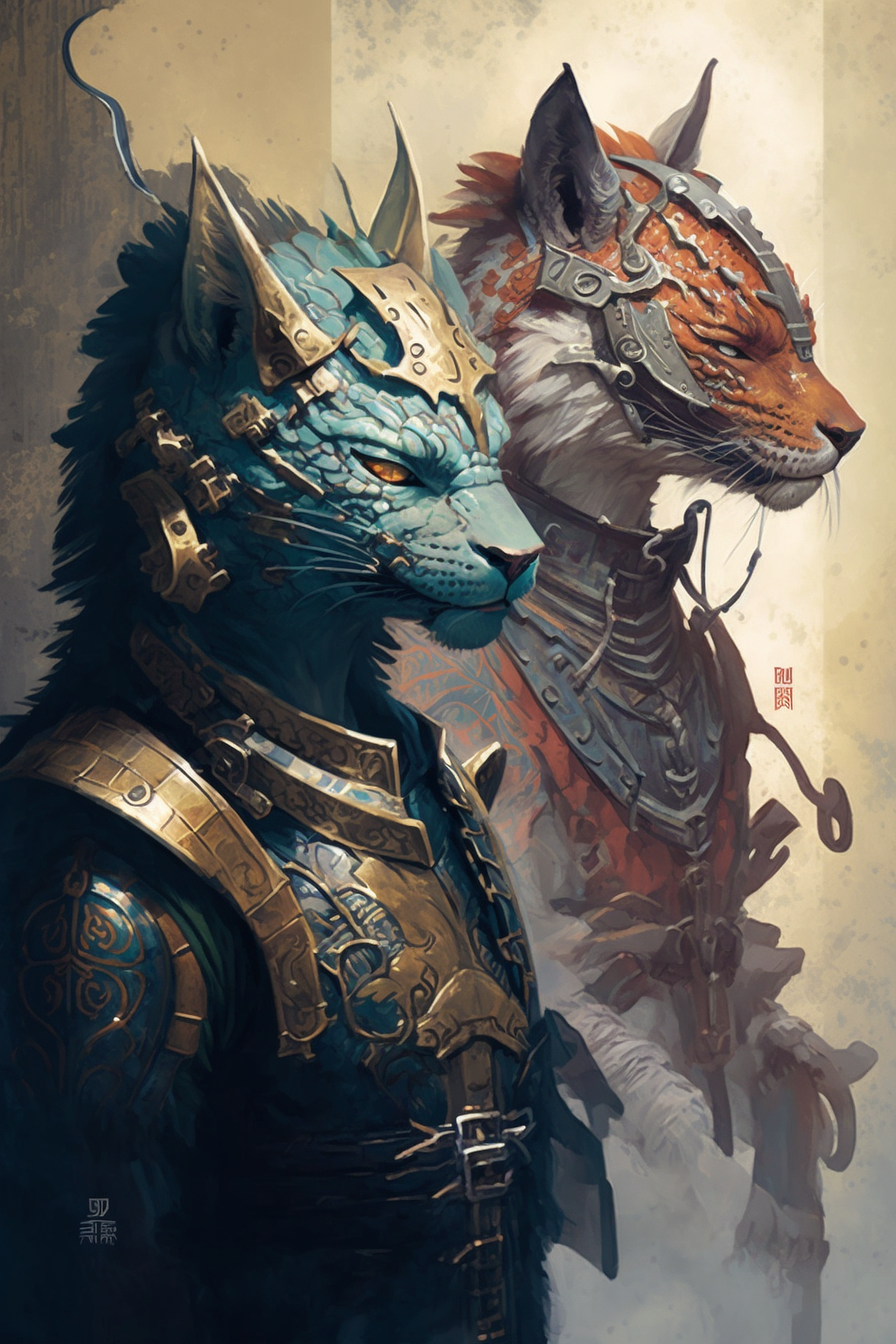 a blue and orange cat in armor