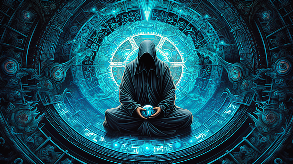 a person in a black robe holding a blue sphere