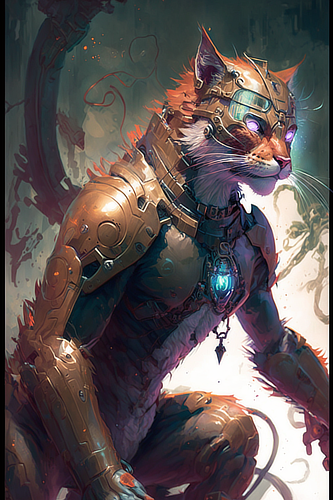 a cat wearing a metal armor