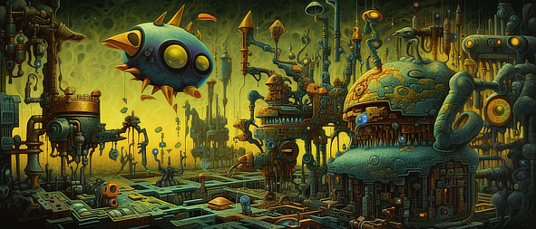 a colorful fantasy city with a blue alien creature