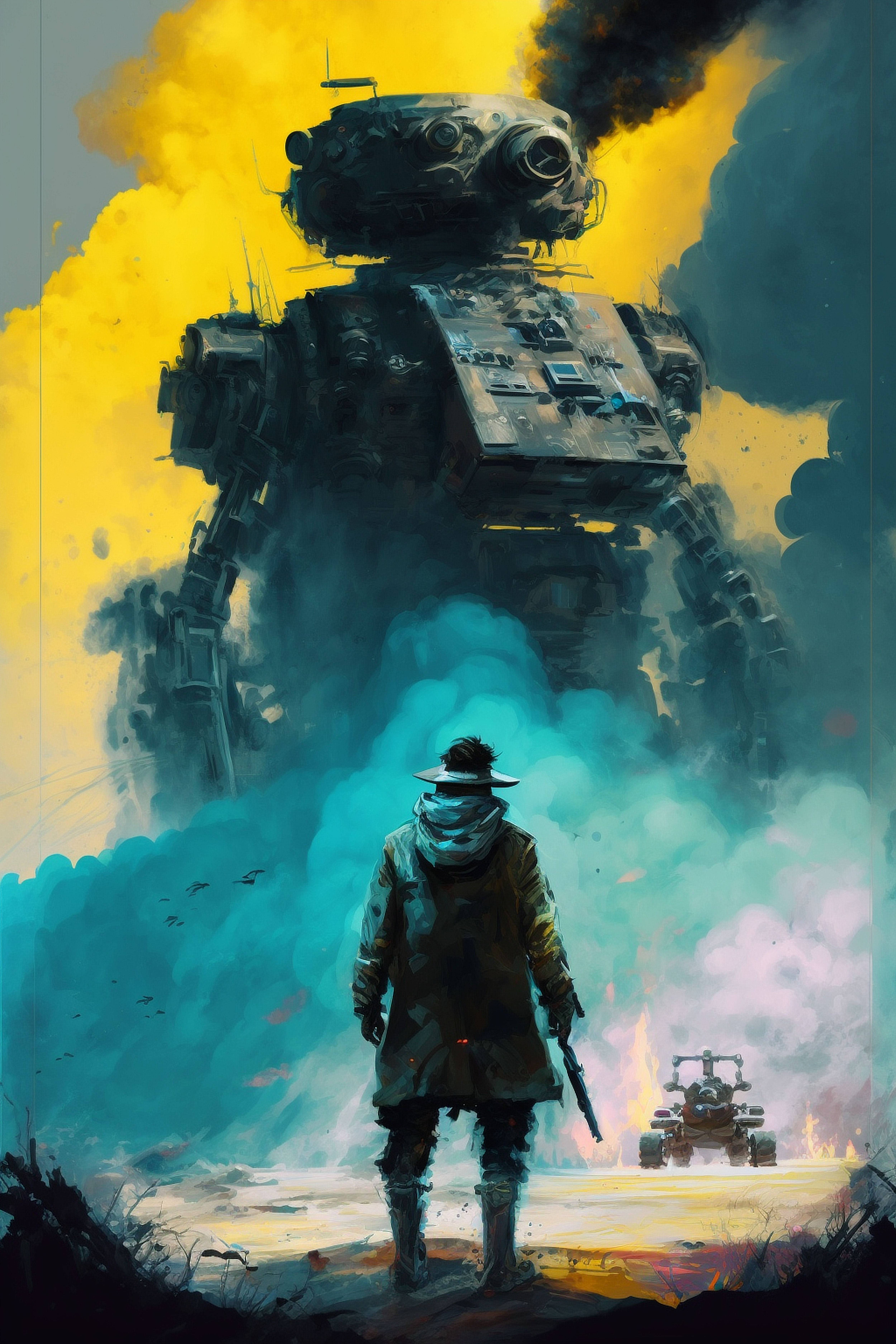 a man looking at a large robot