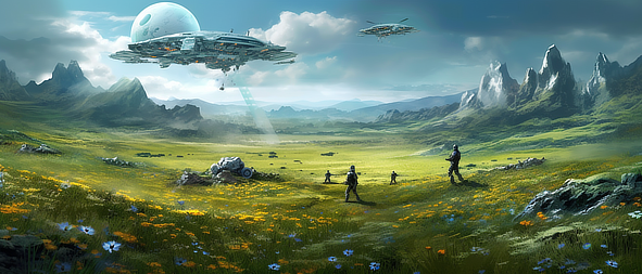 a group of people in a field with a spaceship flying over