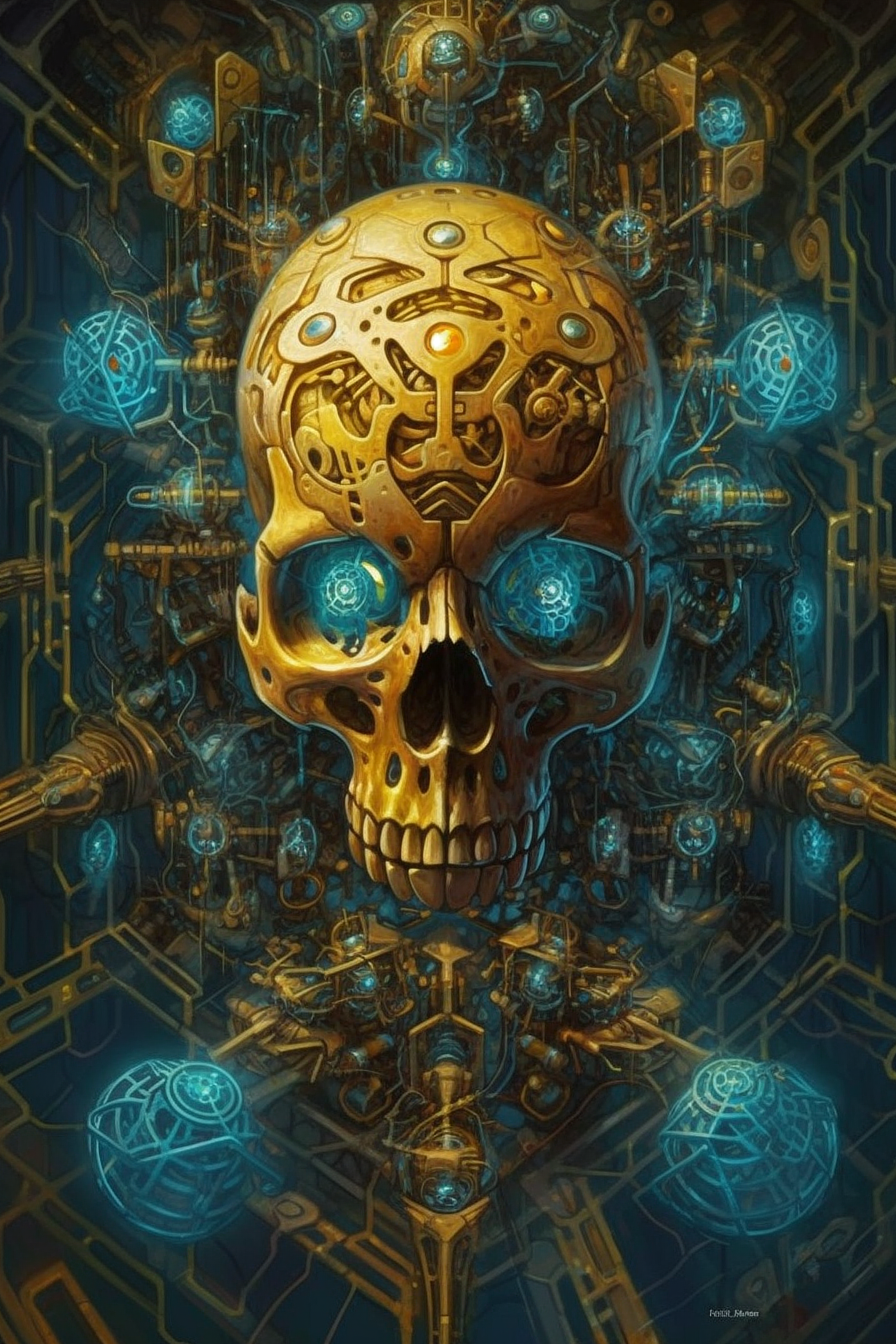 a skull with blue eyes and a metal structure