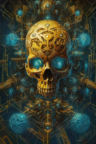 a skull with blue eyes and a metal structure