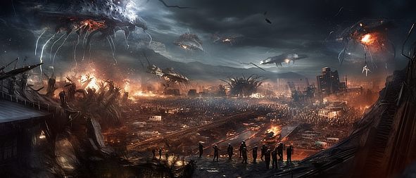 a group of people standing in front of a large city