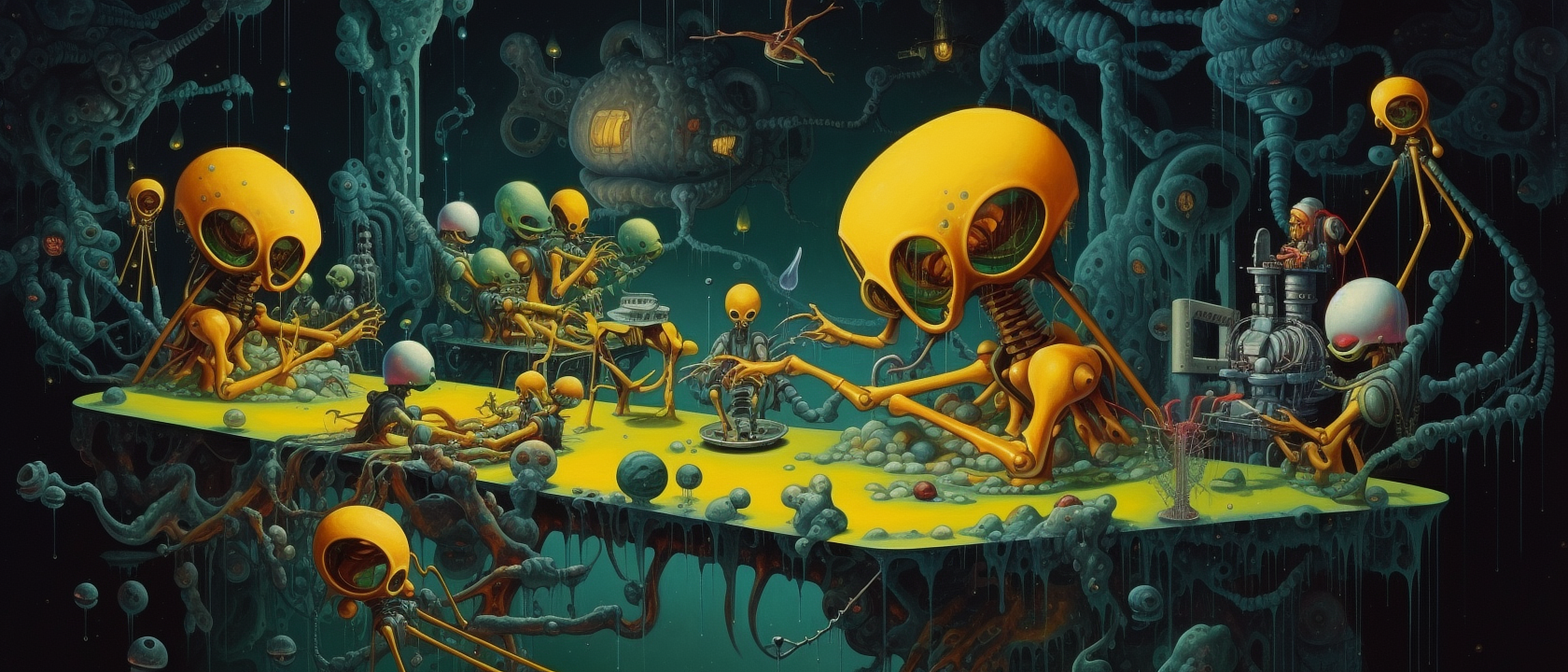 a group of skeletons sitting at a table