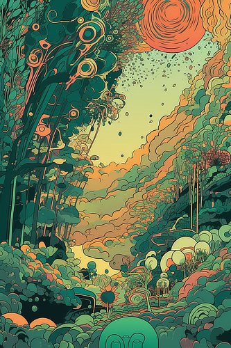 a colorful landscape with trees and clouds