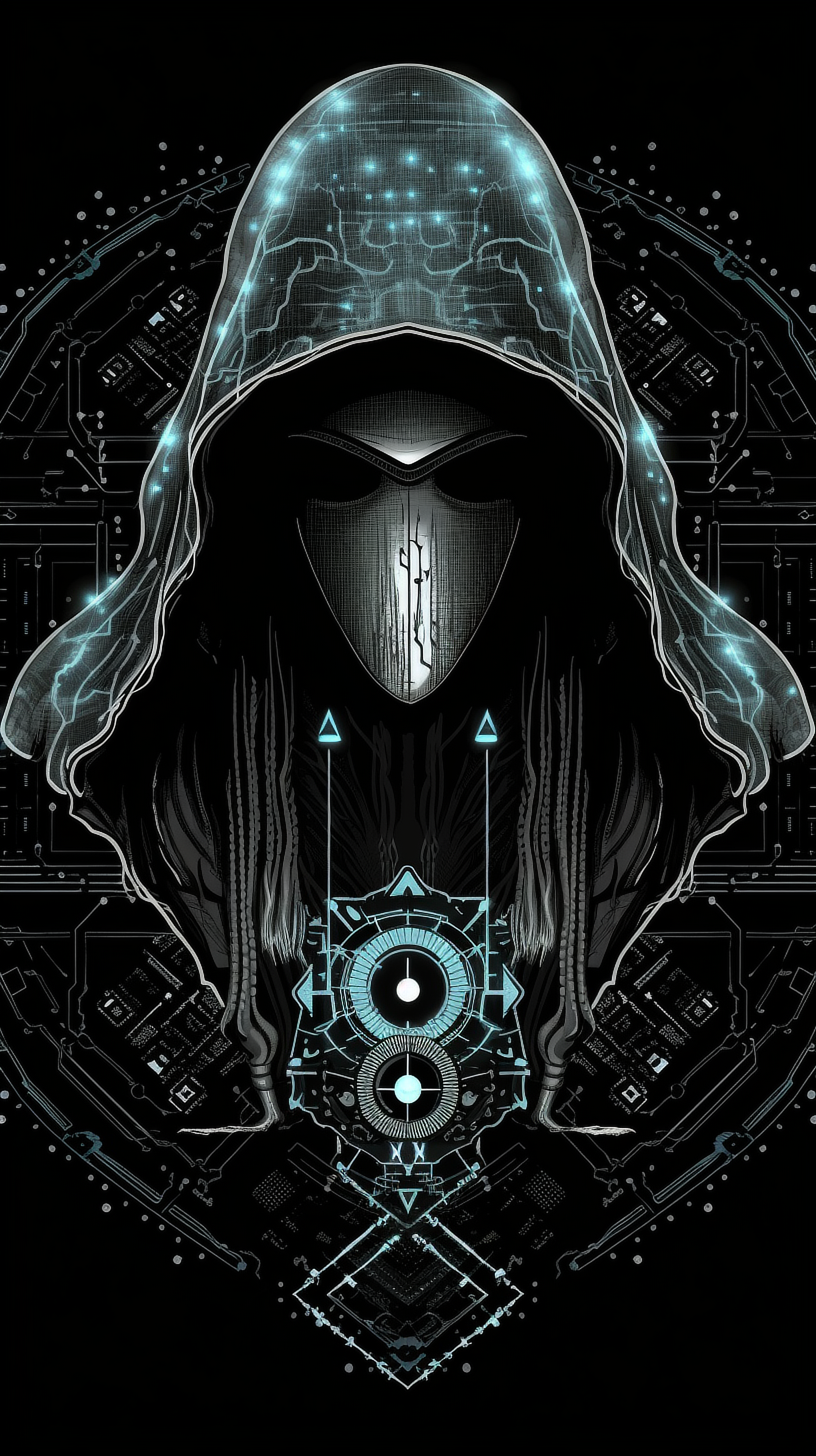 a black and white image of a mask with a hood