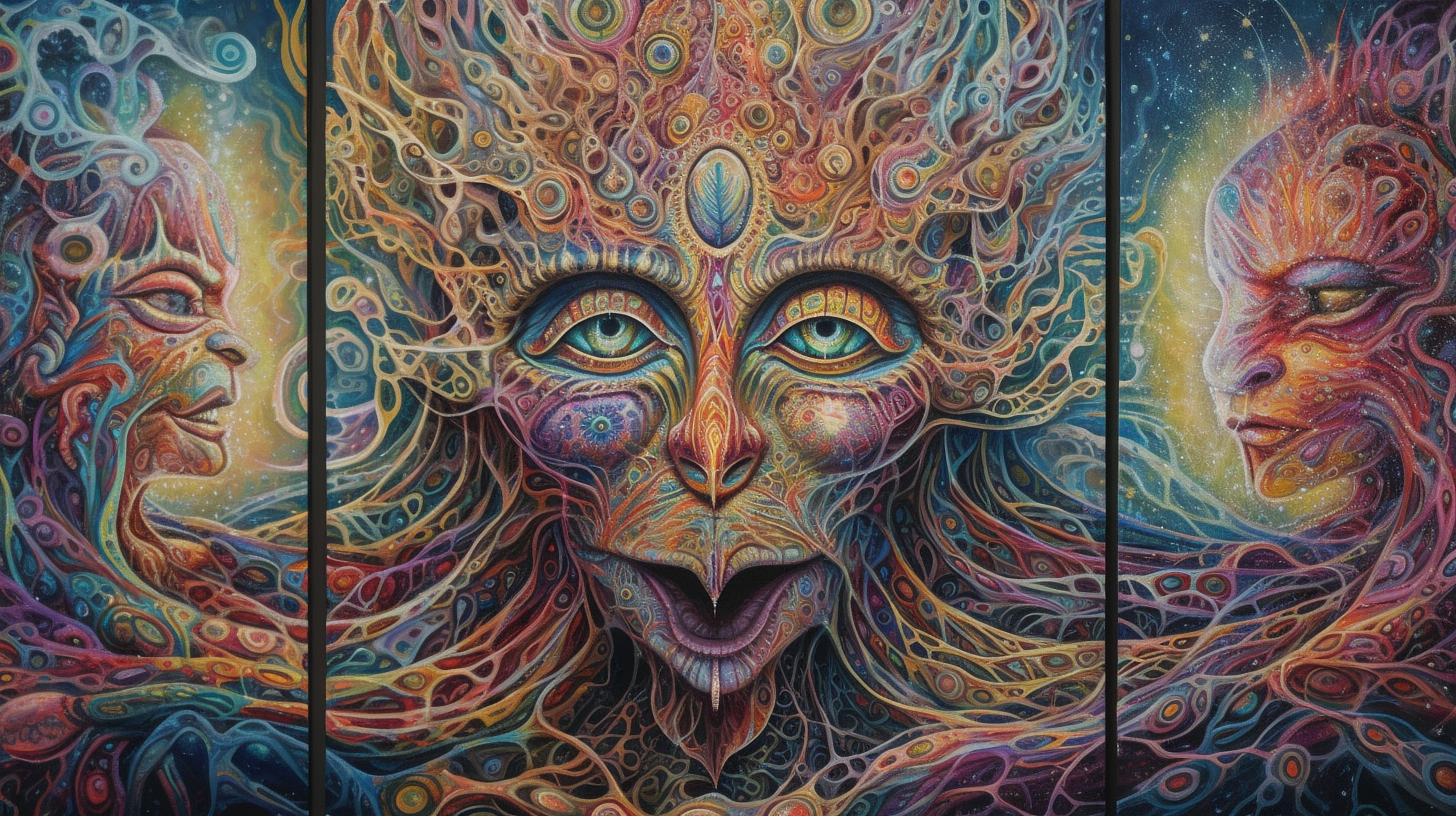 a painting of a face with colorful patterns