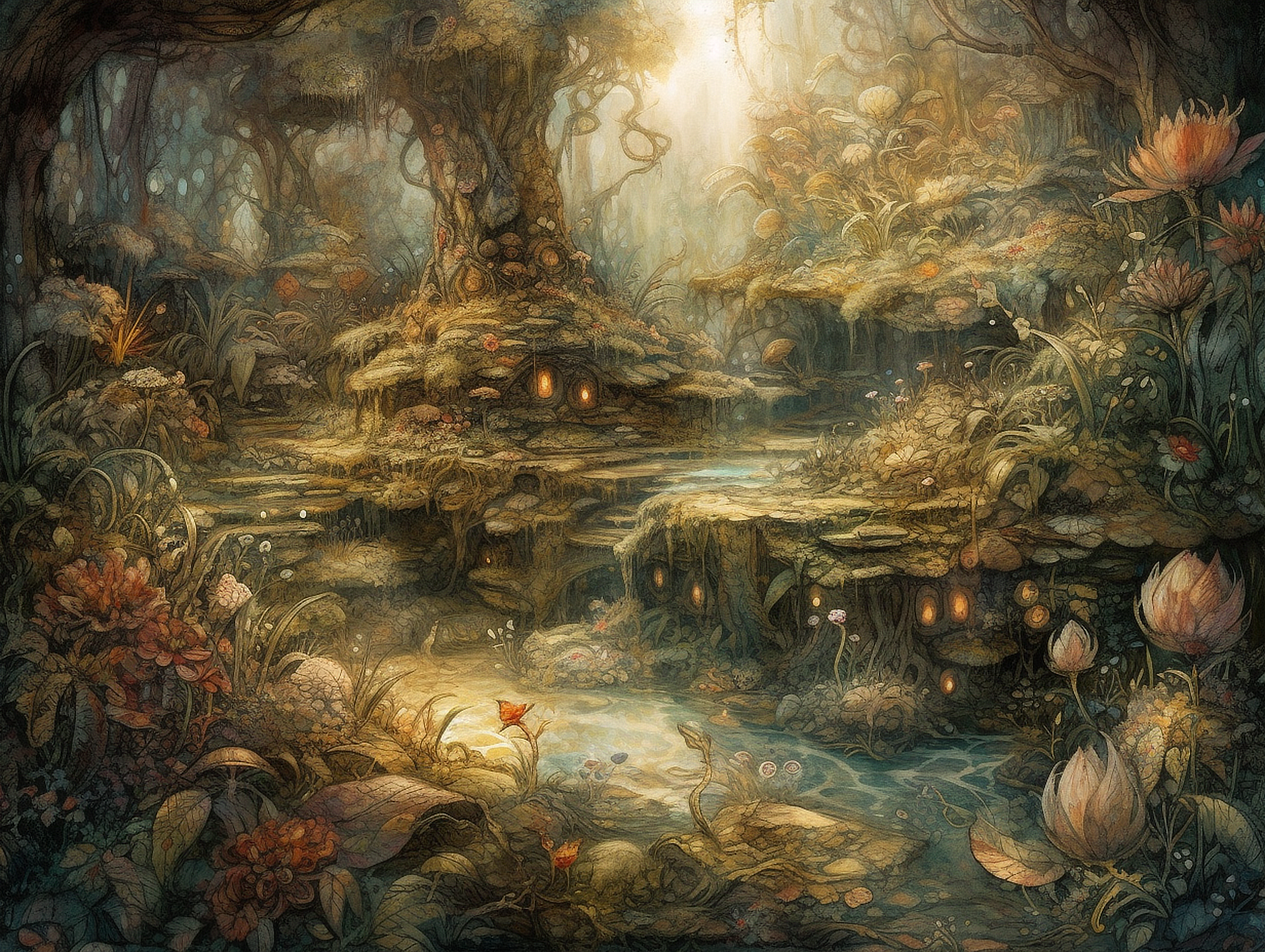 a painting of a forest with trees and plants