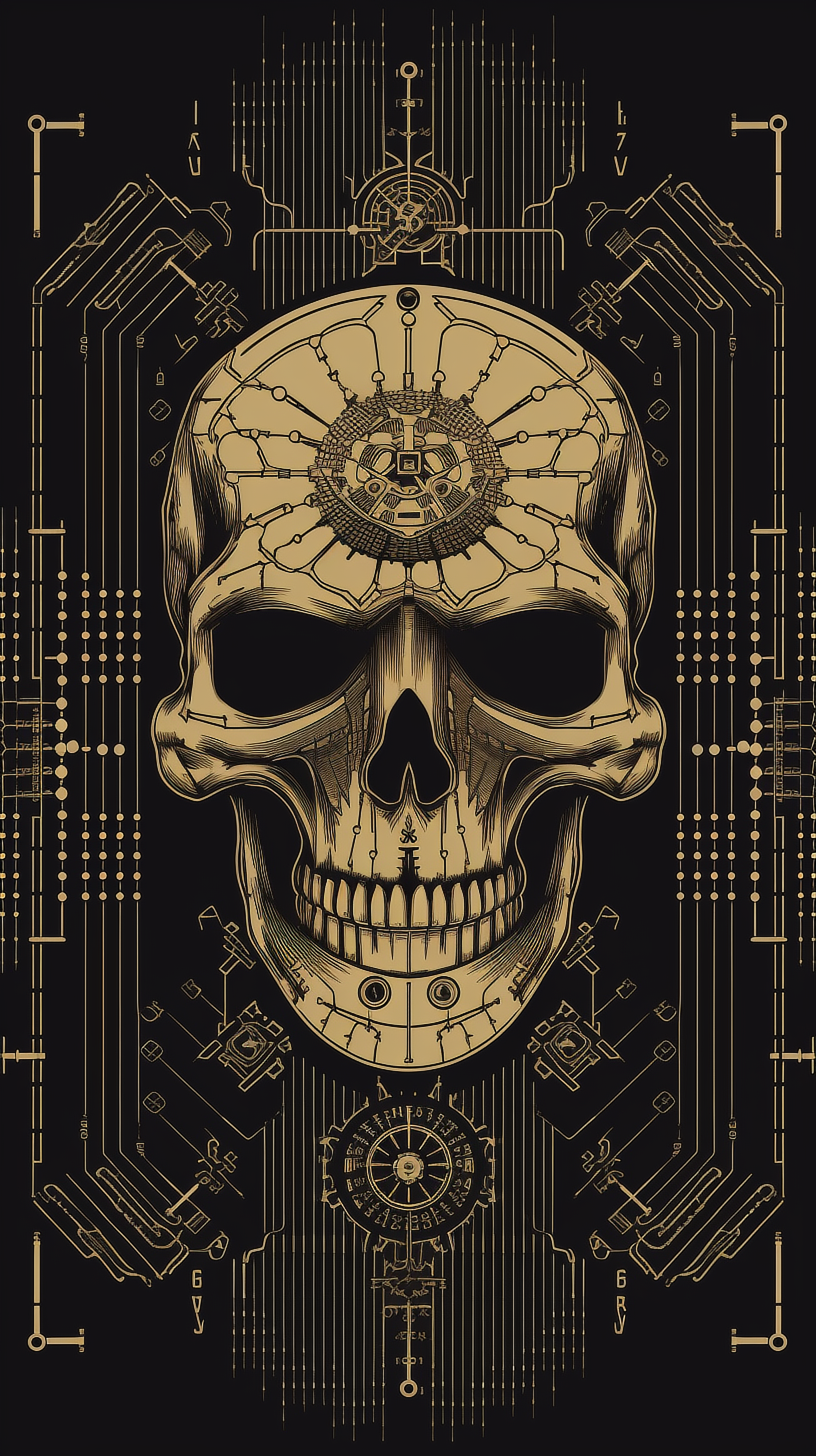 a skull with a circuit board and lines
