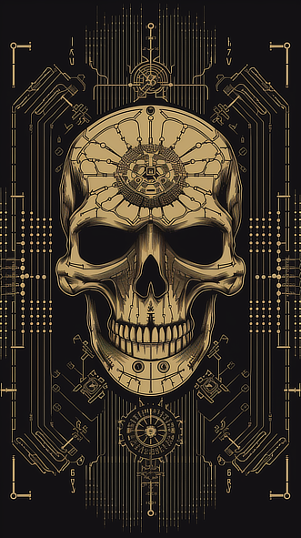 a skull with a circuit board and lines