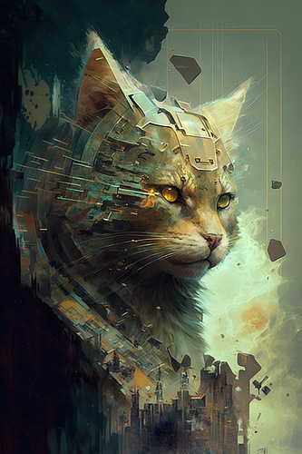 a cat with a metal helmet