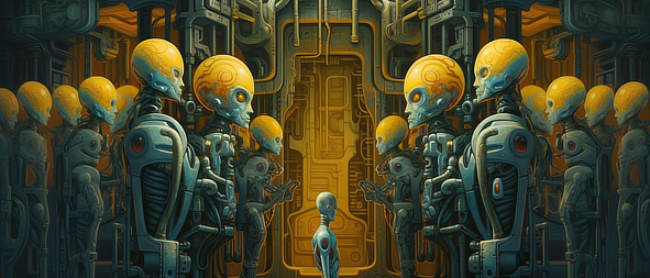 a group of robots standing in a room with a yellow door