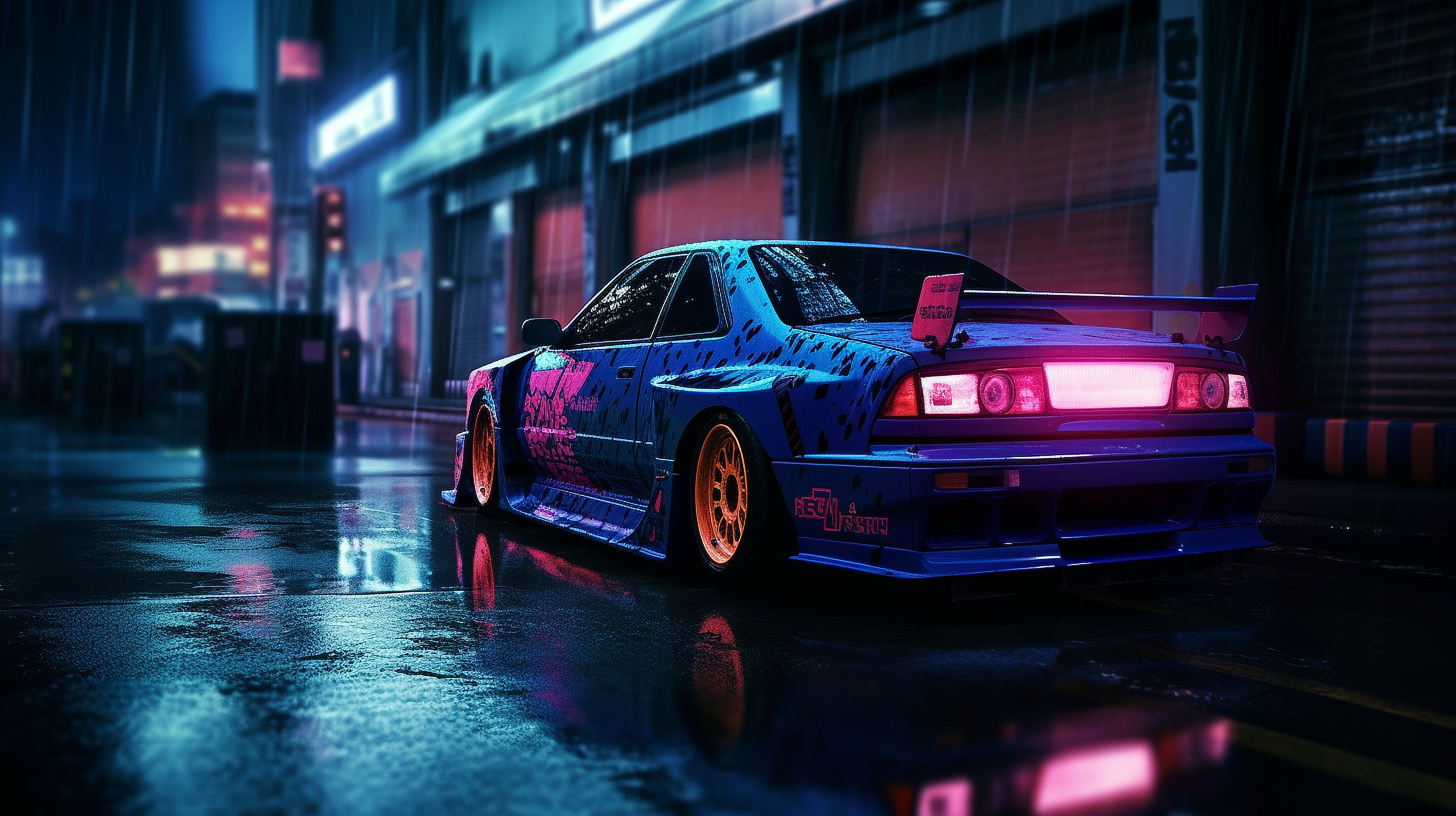 a car parked on a wet street