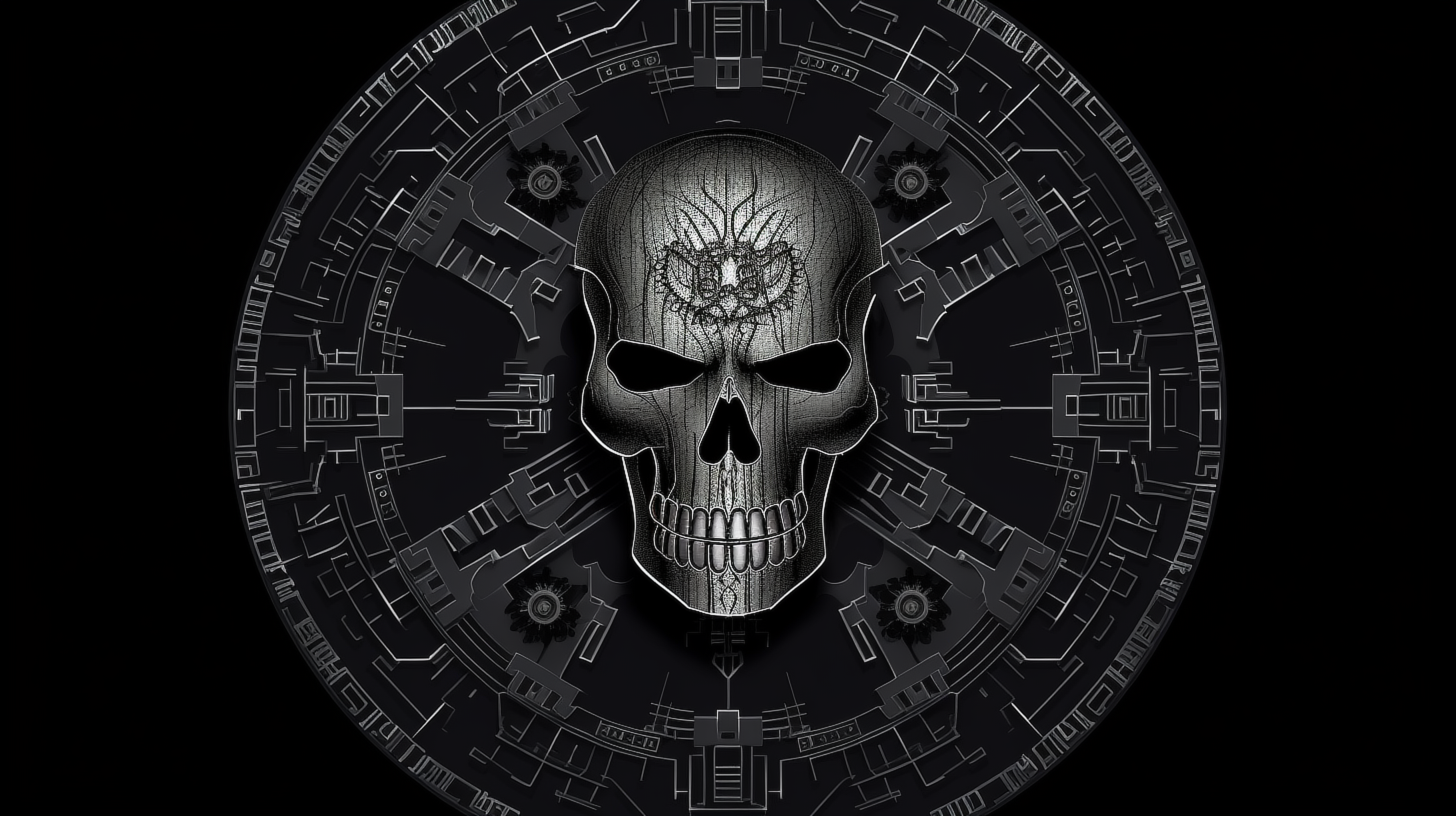 a skull on a circular black background