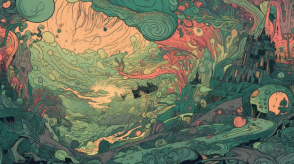 a colorful landscape with a house and clouds