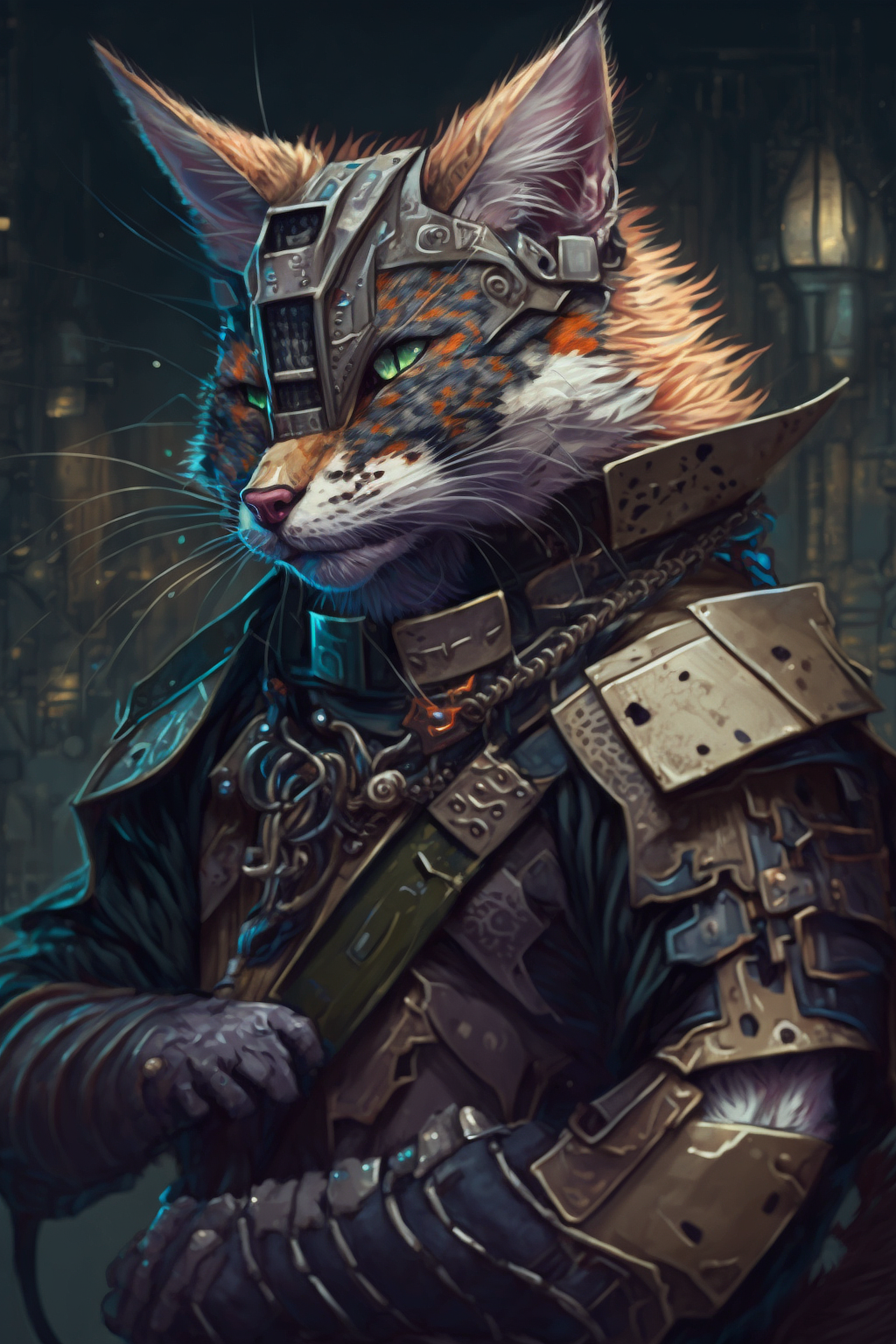a cat in armor with a sword