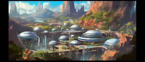 a city with round buildings and a waterfall