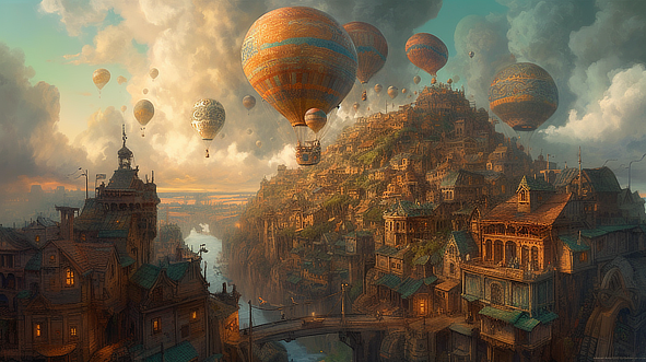 a city with hot air balloons flying over a river