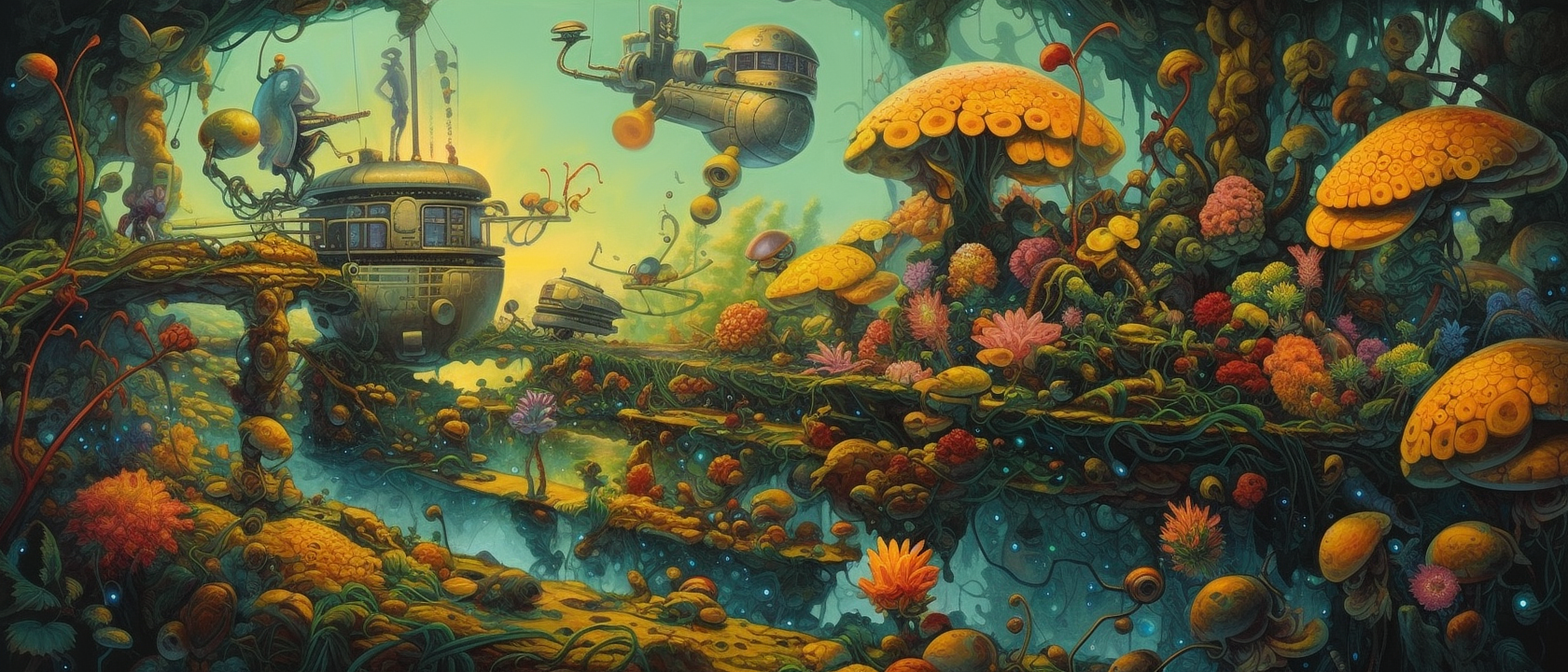 a colorful underwater world with robots and plants