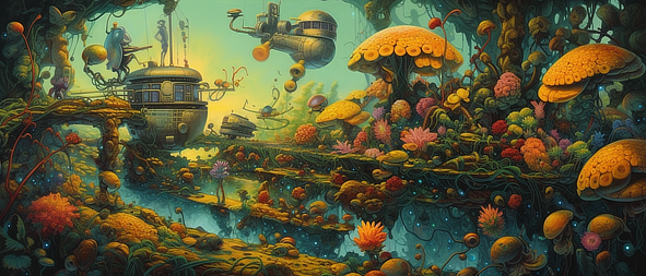 a colorful underwater world with robots and plants