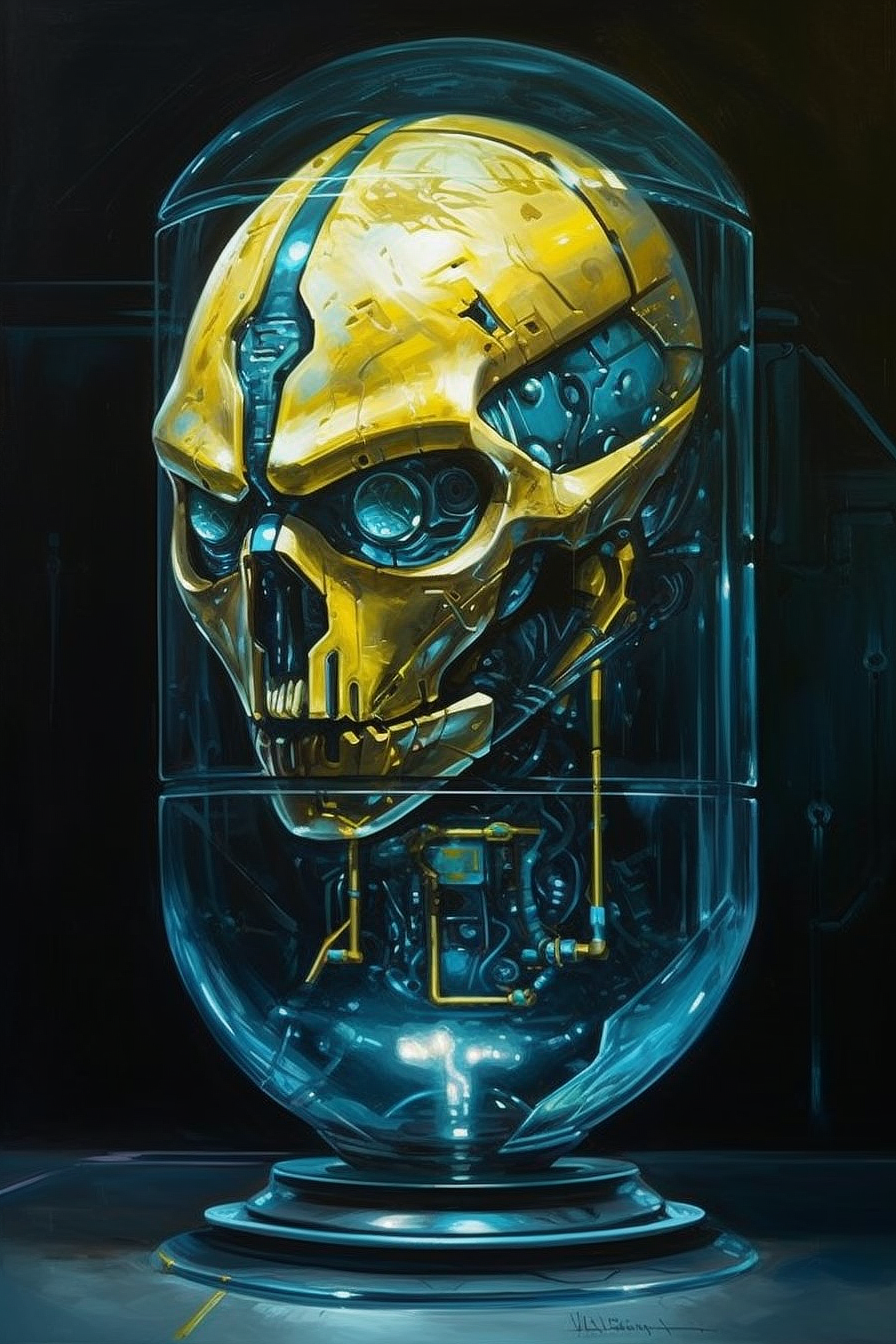 a robot head in a glass container