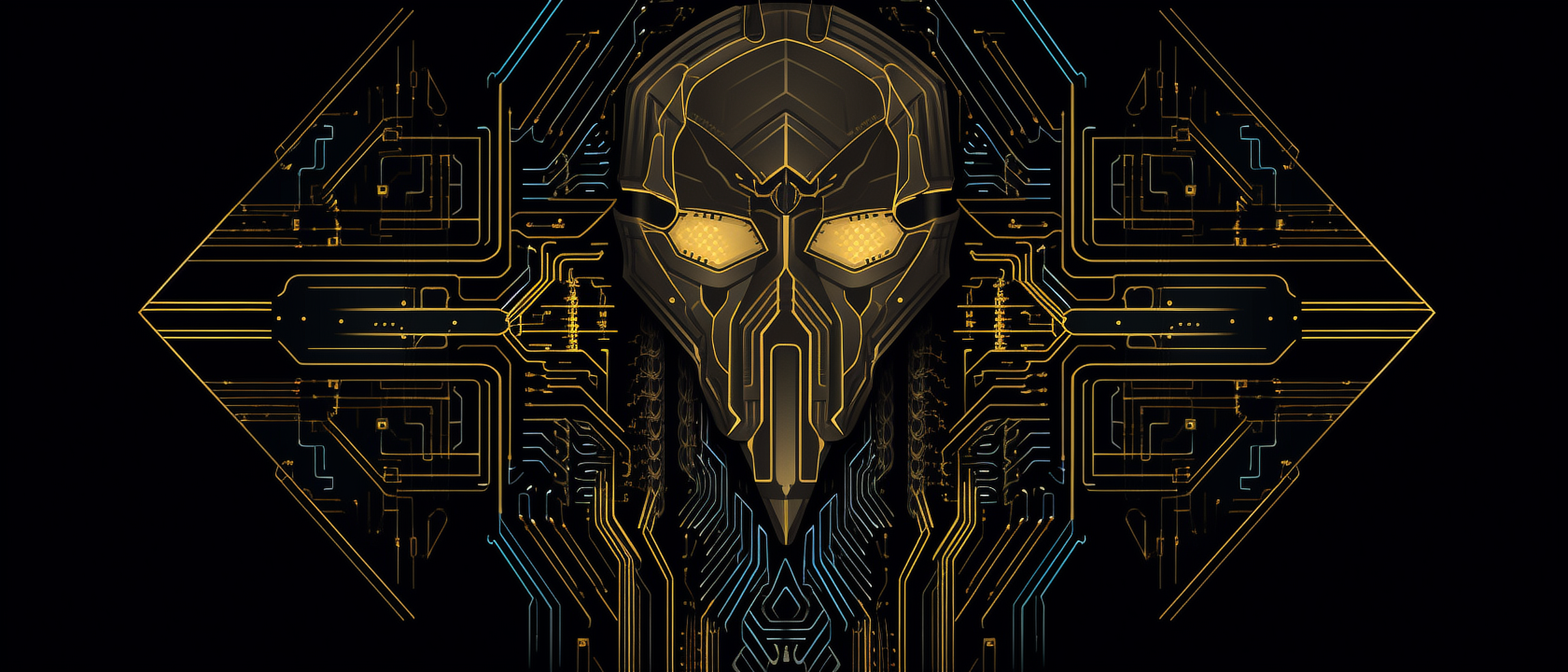 a black mask with yellow eyes and yellow eyes and a black background with blue and yellow lines