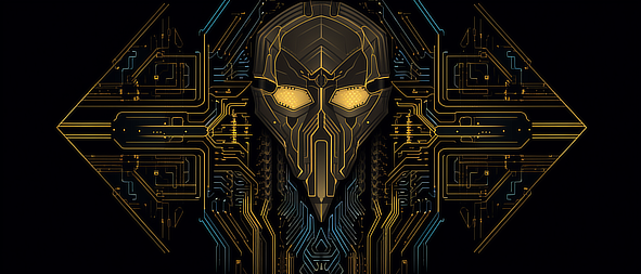 a black mask with yellow eyes and yellow eyes and a black background with blue and yellow lines