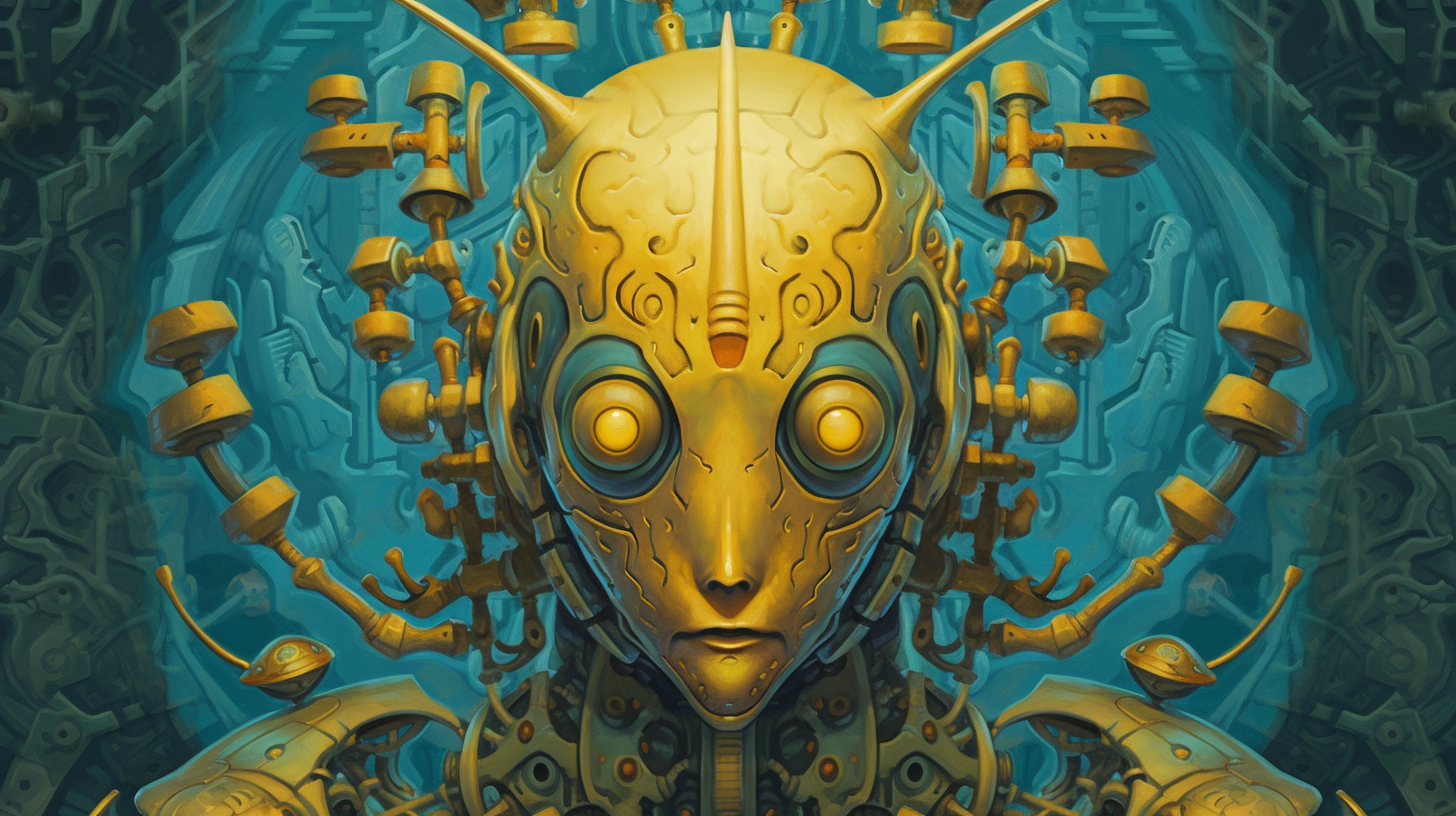 a yellow robot with many round eyes