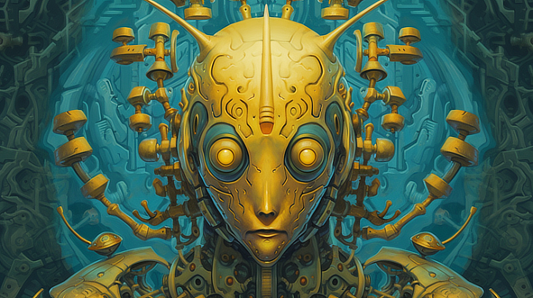 a yellow robot with many round eyes