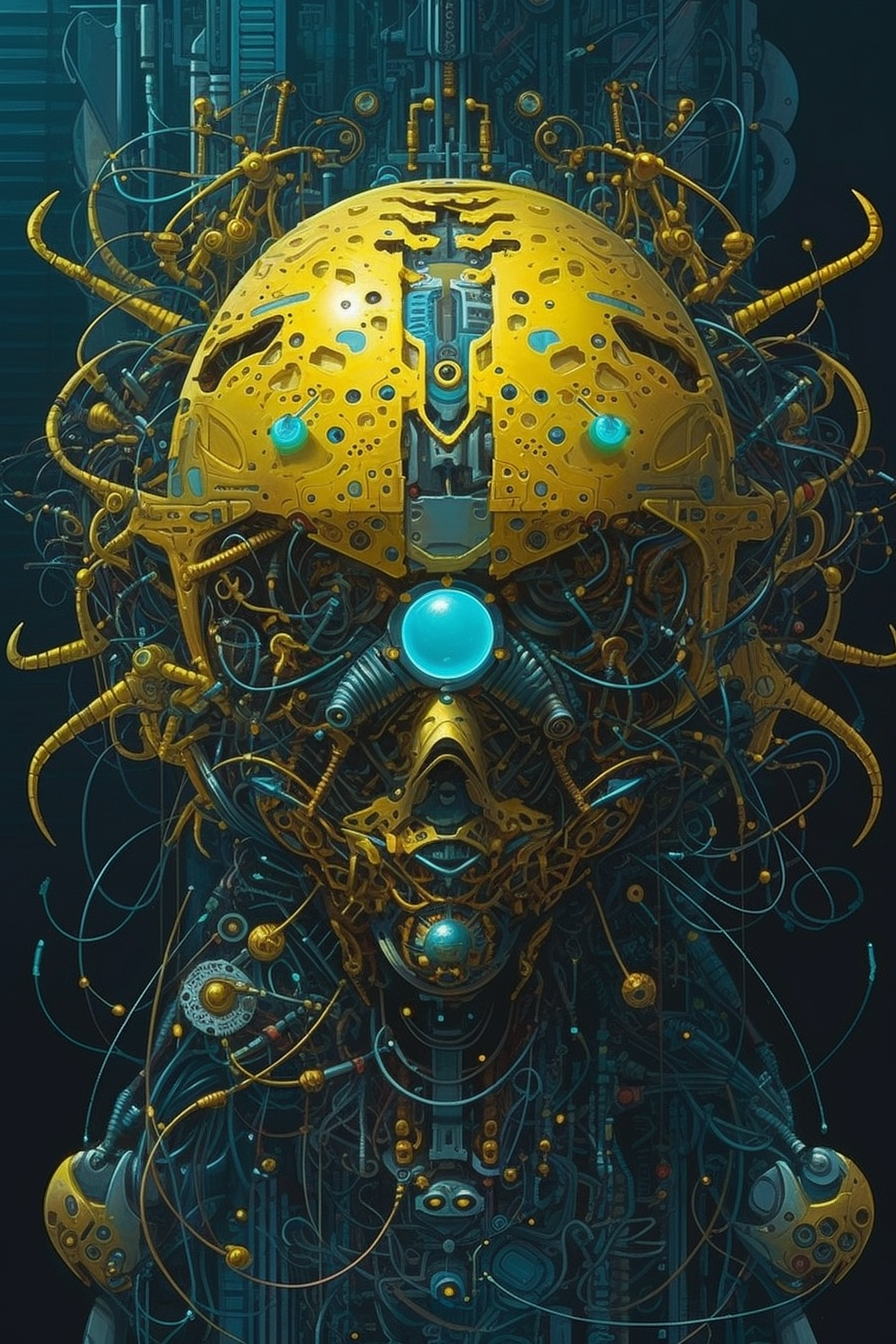 a yellow and blue robot head