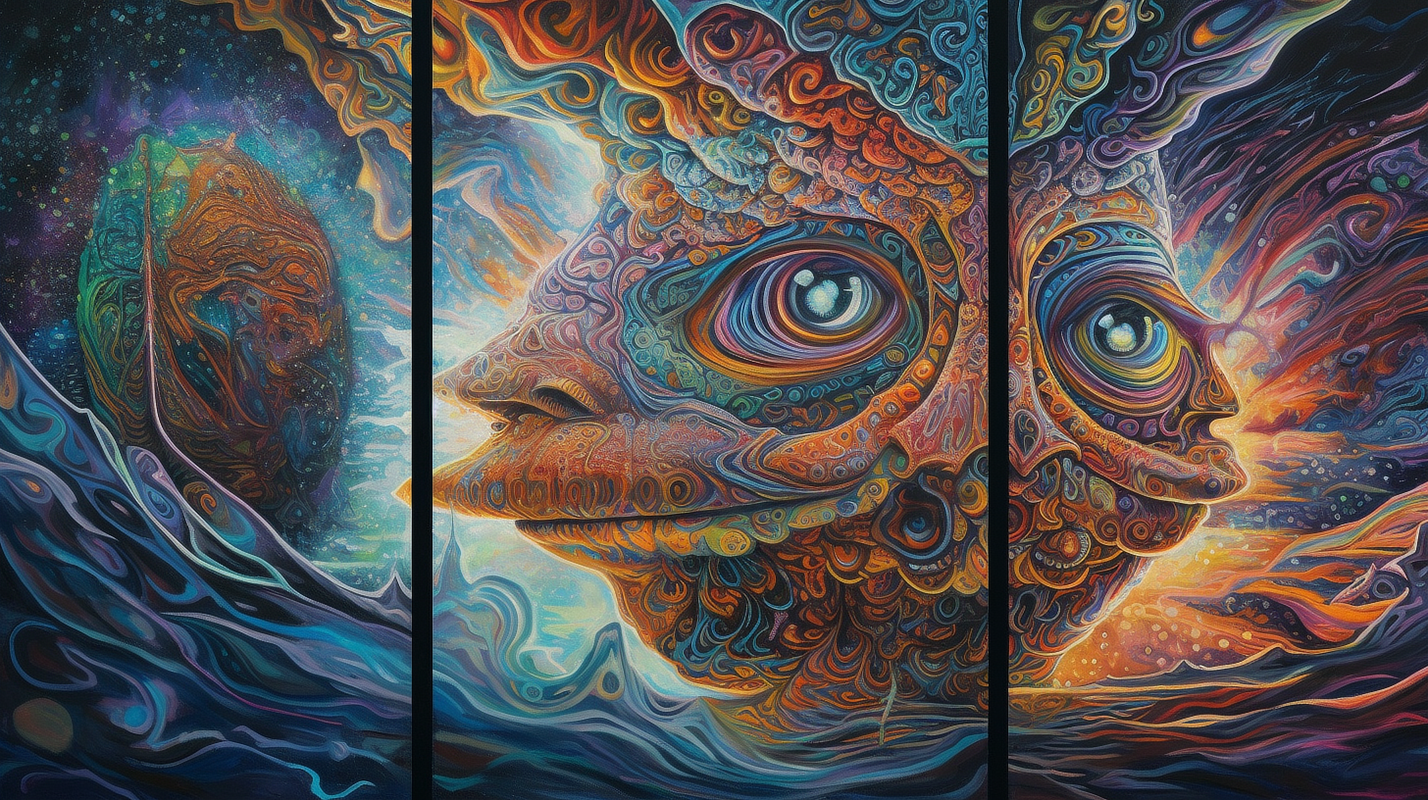 a painting of a face with a colorful pattern