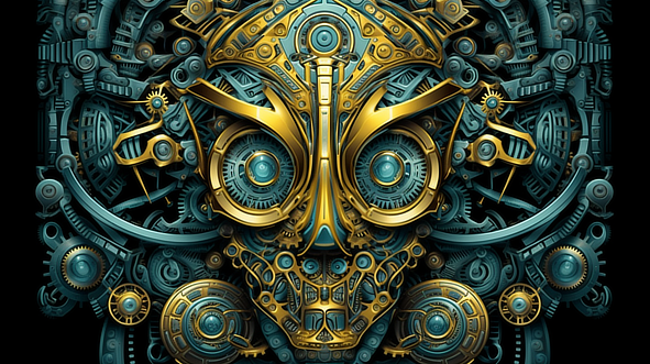 a gold and blue metal skull