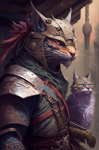 a cat in armor holding a cat