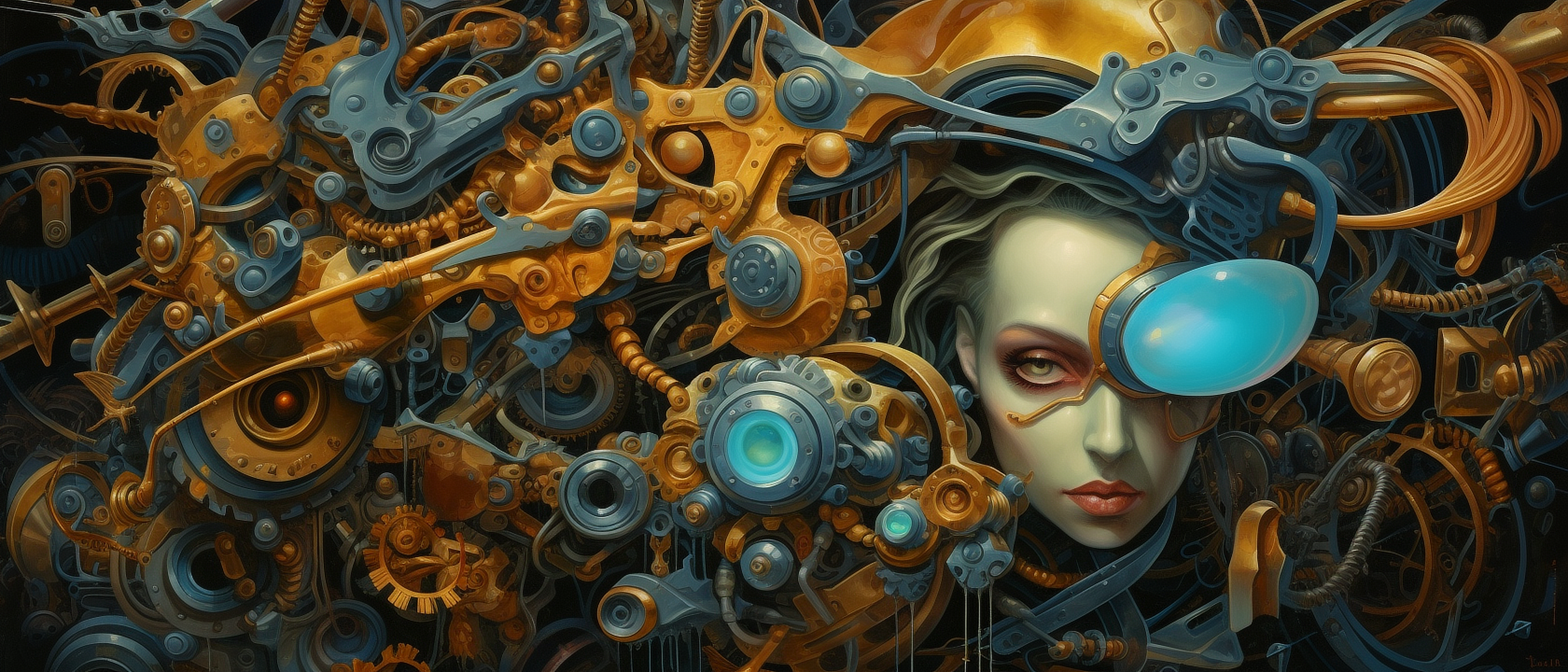 a woman with a mask and a metal structure