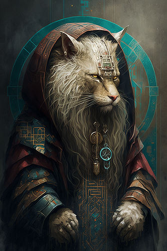 a cat with a long beard and a hood