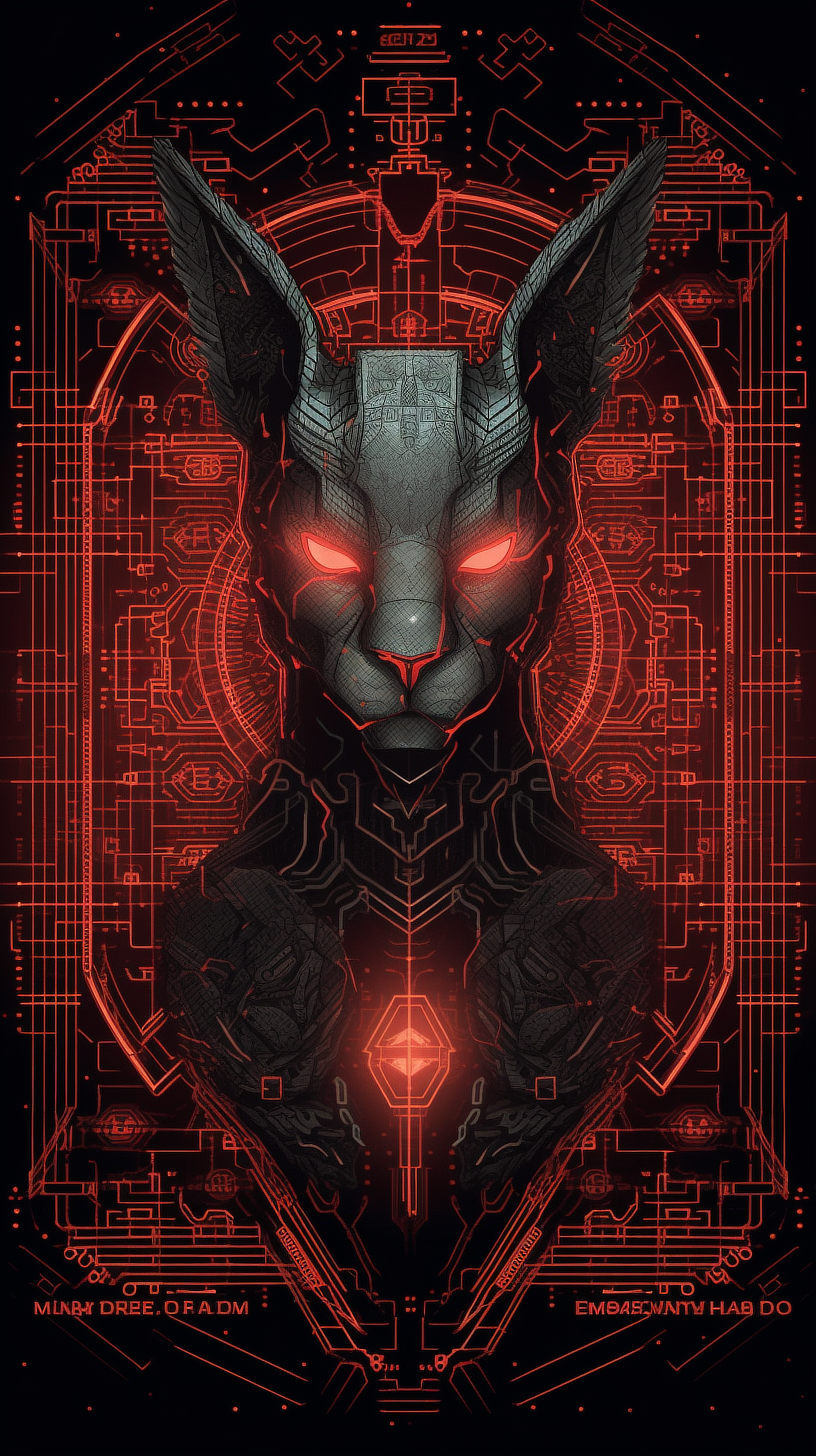 a black cat with red eyes and a red glowing background