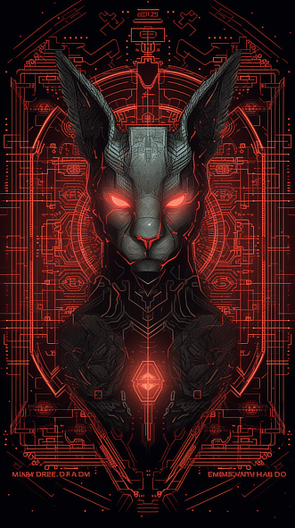 a black cat with red eyes and a red glowing background