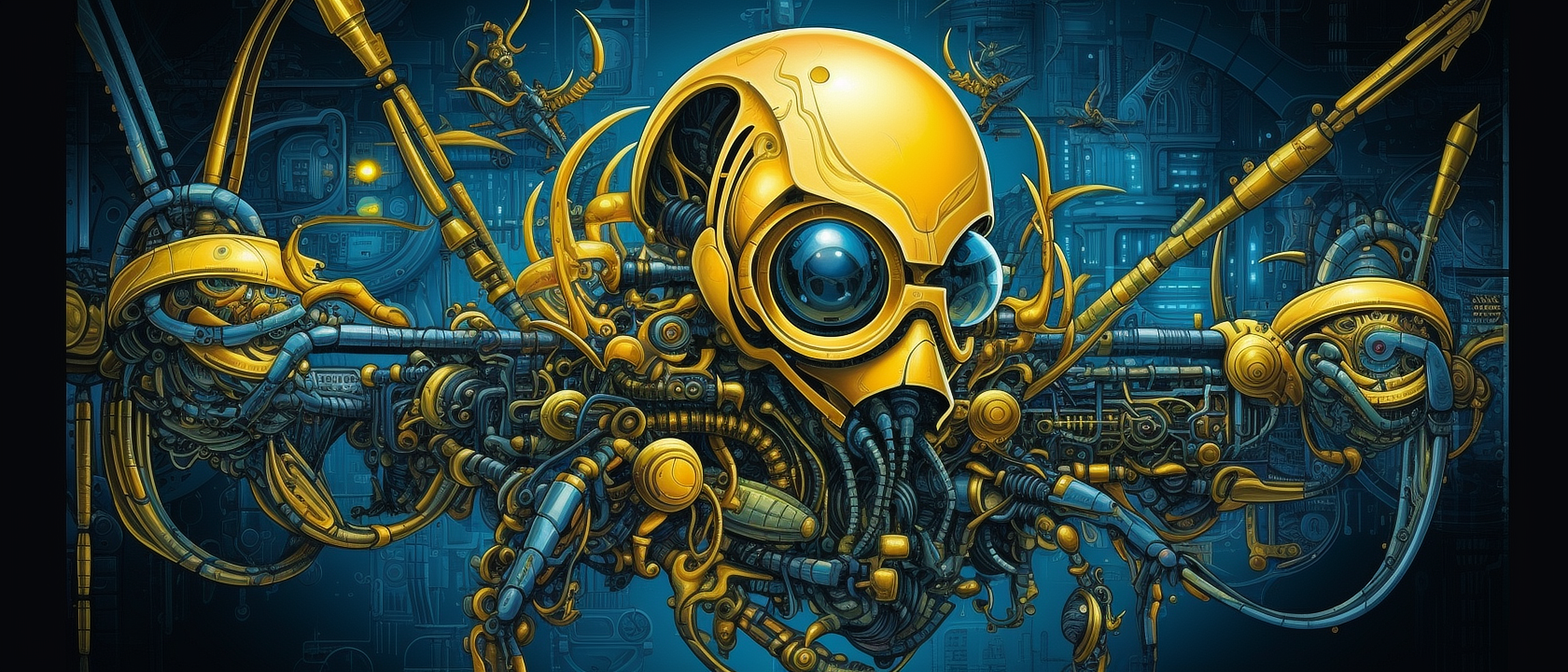 a yellow robot with blue eyes