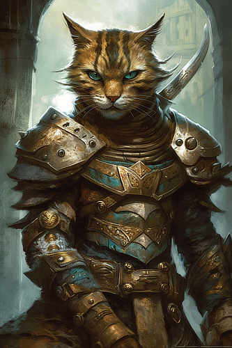 a cat in armor with a sword