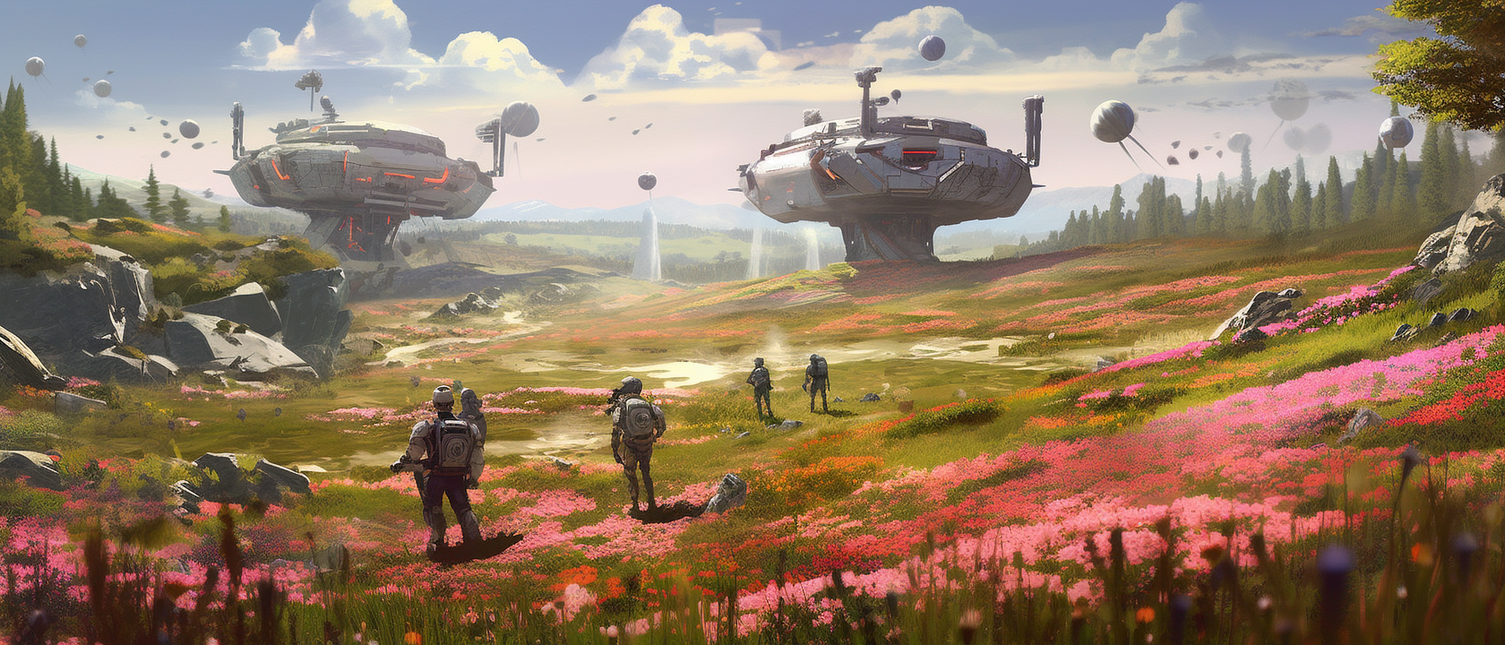 a group of people walking in a field with flowers and a spaceship