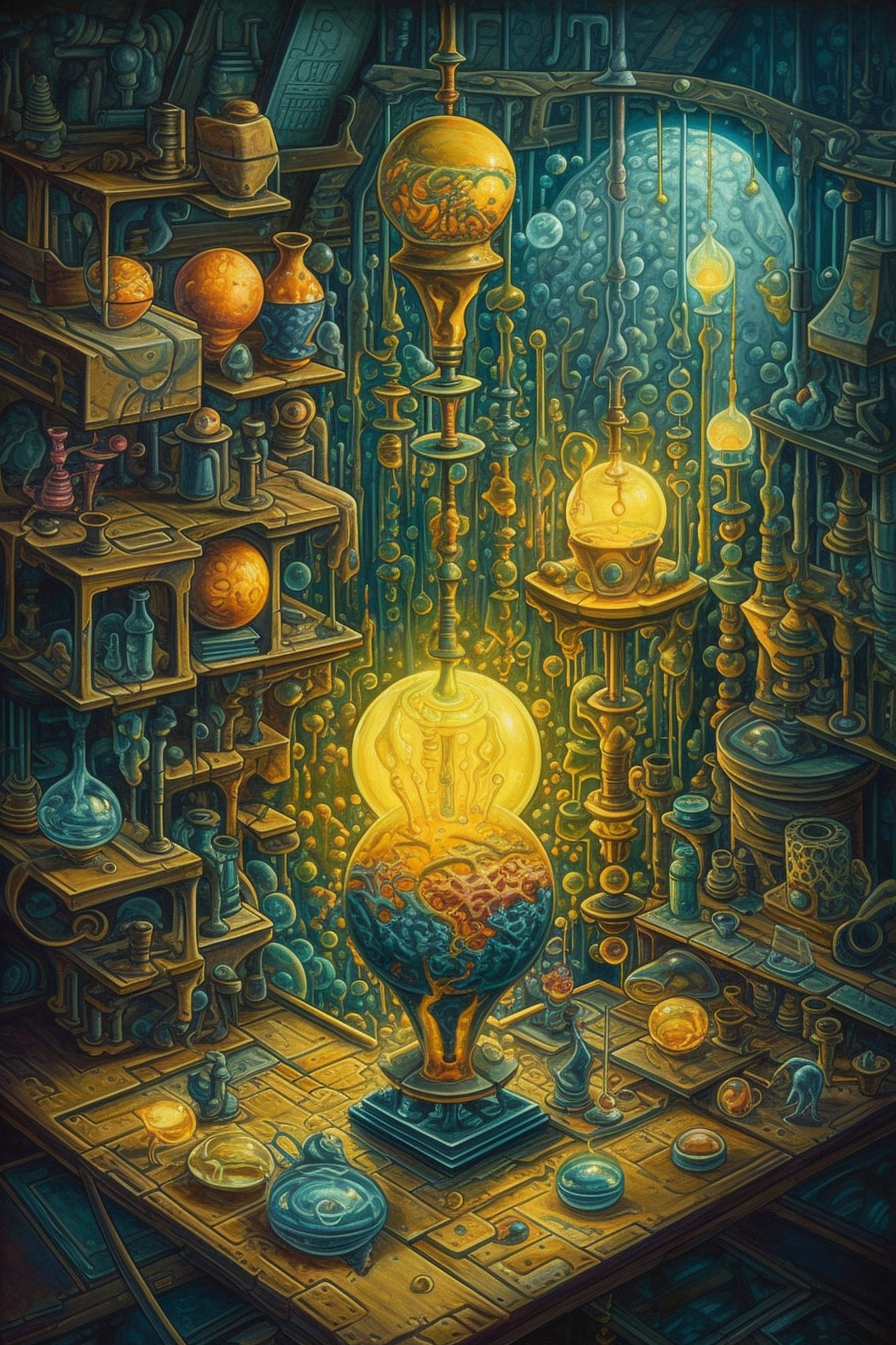 a room with many shelves and a large glass globe