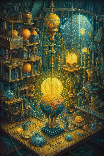 a room with many shelves and a large glass globe