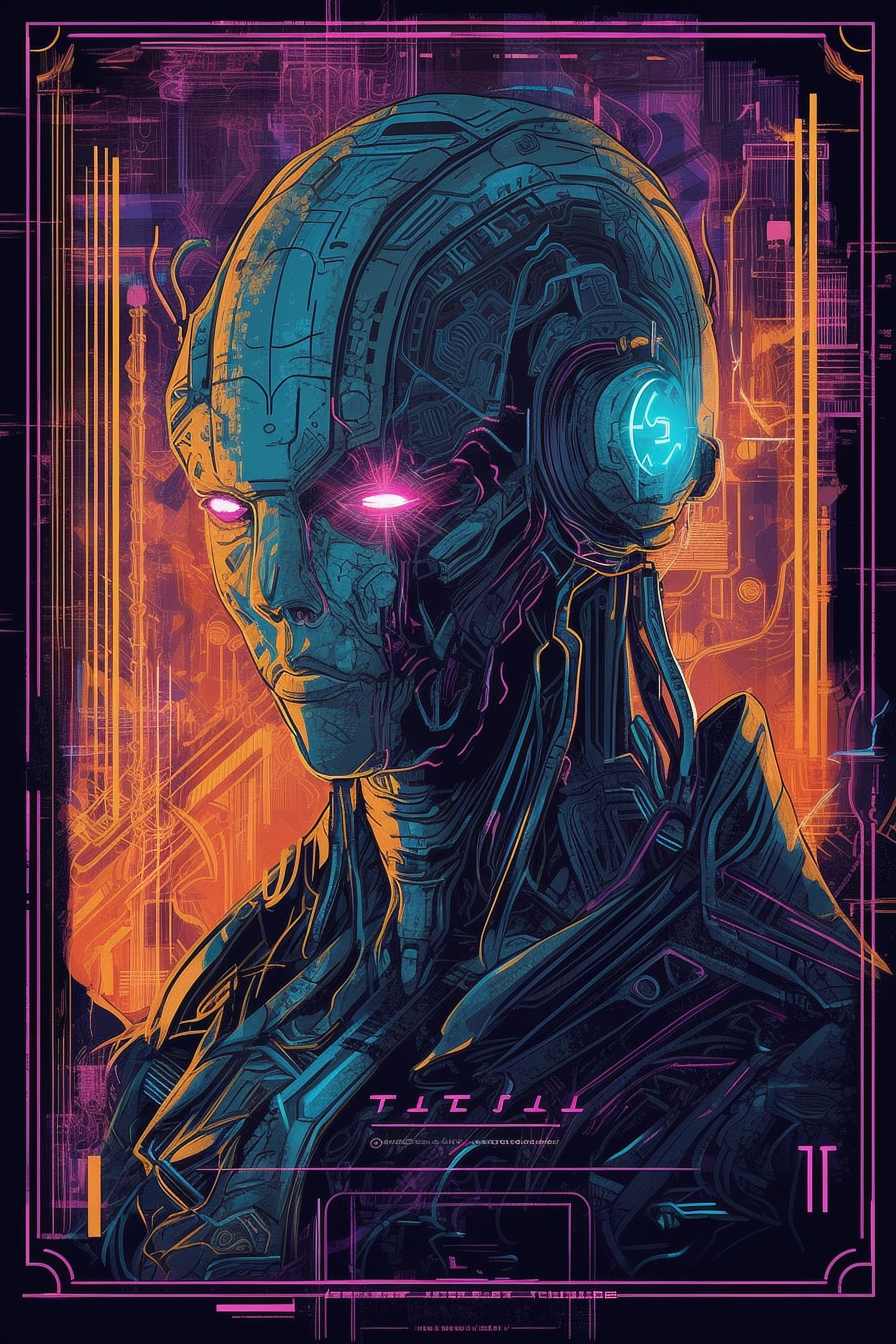 a robot with purple eyes