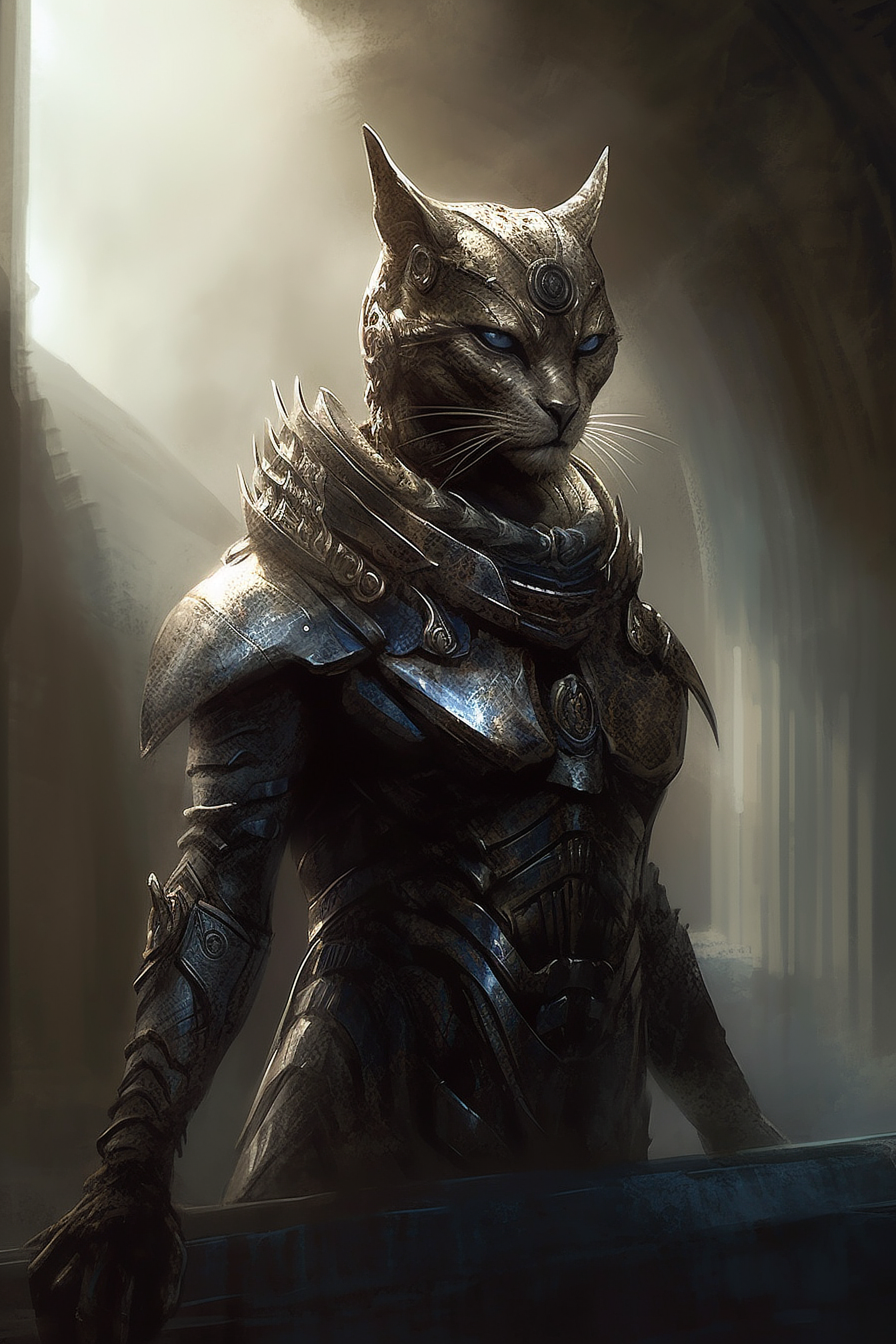 a cat in armor with blue eyes